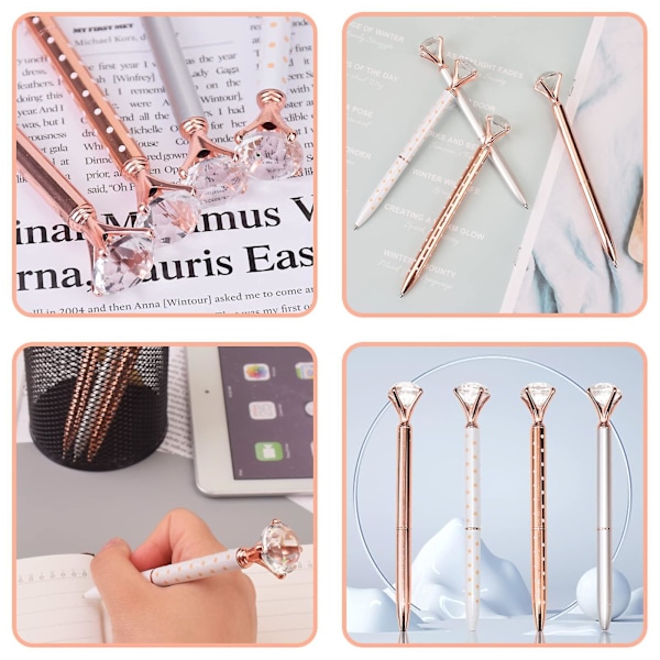 4 stk. krystal diamant kuglepenne, rose gold metal kuglepen med 4 kuglepenrefill