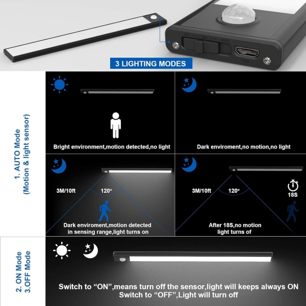 2 st garderobslampor, 30 cm, trådlösa, USB-laddningsbara, rörelsesensor