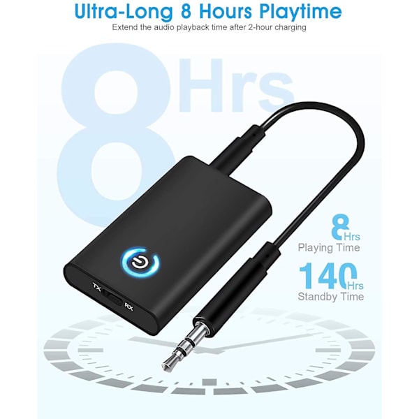 Bluetooth 5.0 Sender Modtager, 2 i 1 Trådløs 3.5mm Audio Bluetooth Adapter, 2 Enheder Samtidig Til Tv/Hjemmelydsystem/Bil