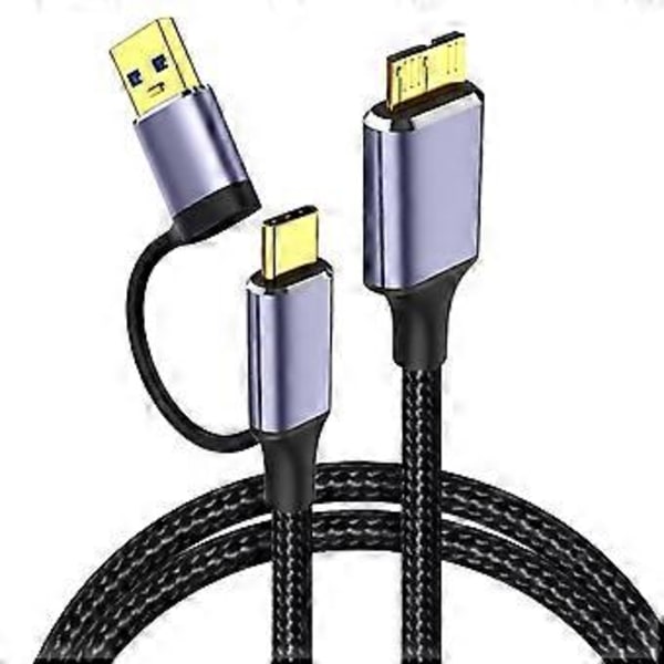 Micro B - USB -johto, jaettu USB3.0 - Type C -naarasadapteriin ja Type C - Micro B -nailonpunoskaapeliin 50cm
