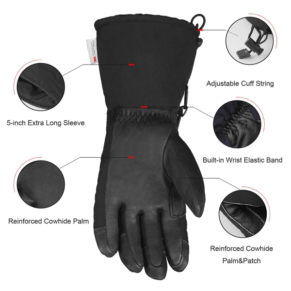 Ozero Vinter Abalone Fem-finger Læder Lange Varme Skihandsker（XL 9,06 tommer Sort）