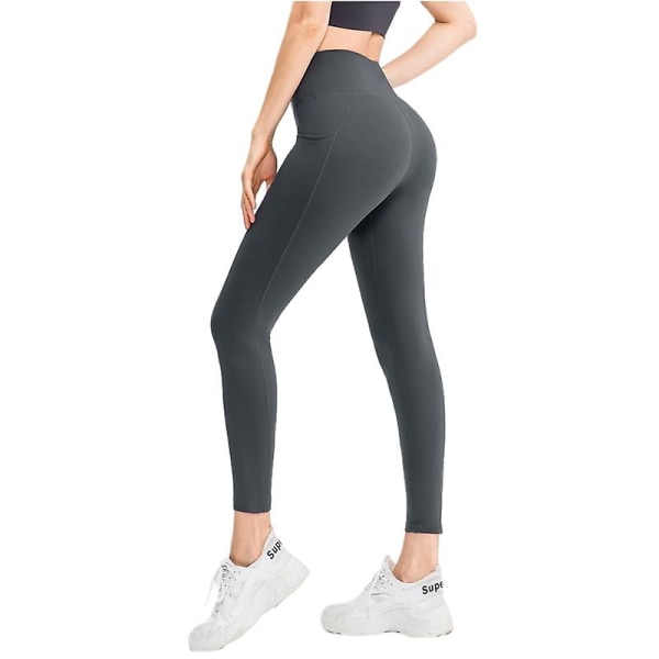 Kvinners høye midje sidelomme tights sports leggings yoga bukser（4(S) grå）