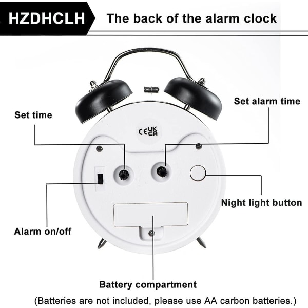 Højlydt vækkeur til voksne med tung søvn, batteridrevet analogt vækkeur med baggrundsbelysning (4 tommer, sort)