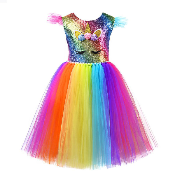 Princess Tutu Regnbåge Flygande Ärmar Unicorn Tulle Flickklänningar（100cm）