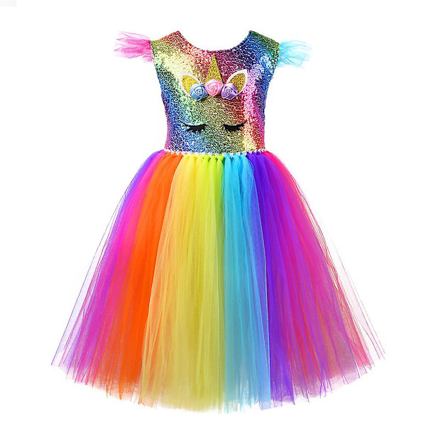 Princess Tutu Regnbue Flyvende Ærmer Enhjørning Tulle Pigekjoler（100cm）