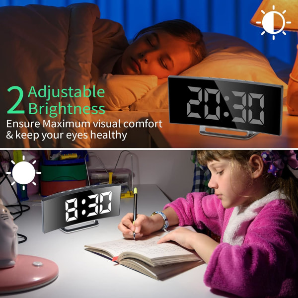 Digital väckarklocka för sovrum 7'' Spegelskärm LED 2 Ljusstyrka