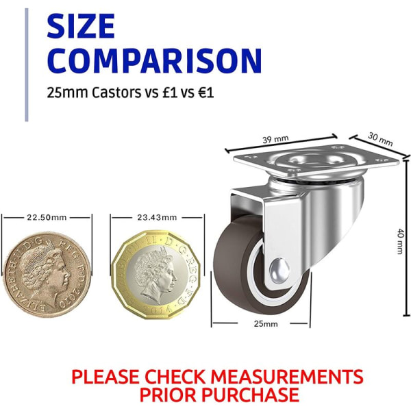 4 Small Furniture Casters, 25mm Swivel Castors Wheels With Brake