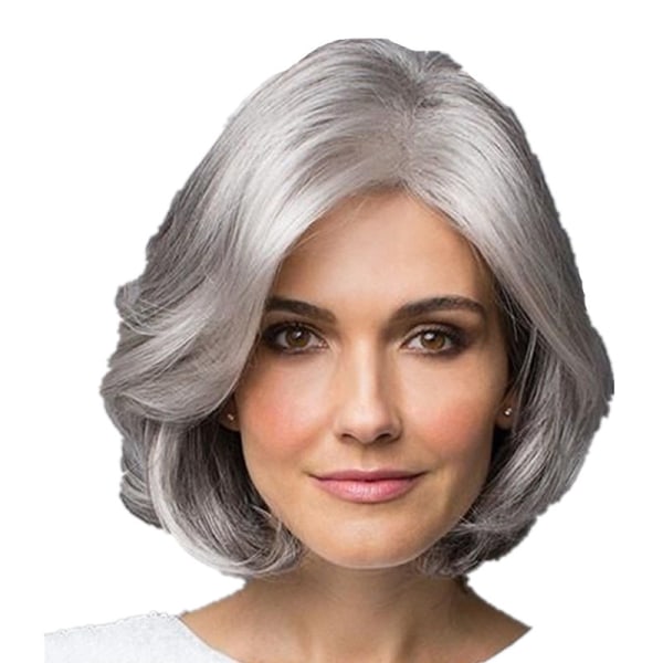 Medelålders kvinna peruk mamma silvergrått hår kort lockigt hår volumino