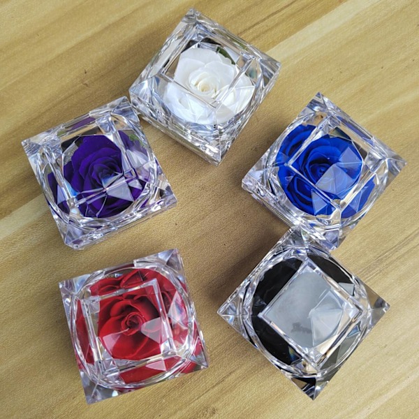 Äkta rosor permanent förvarade i mini transparent ringbox, årsdag, Alla hjärtans dag, jul, födelsedagspresenter (vit)