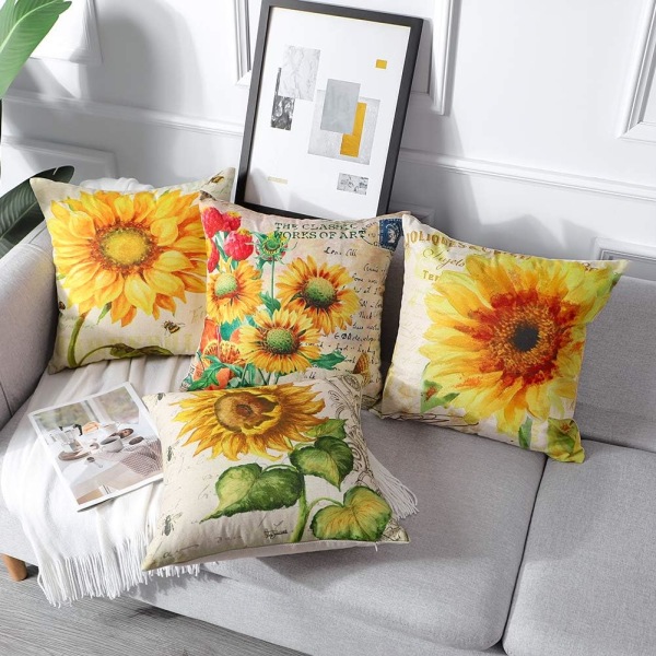 4 Pieces of Happy Sunflower Pillow Cases Summer Autumn Harvest Th