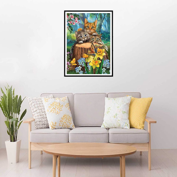 5D DIY-timanttimaalaussetti, timanttieläinmetsätaidemaalaus Kolme kissaa Kristalliompelu Ristipisto Pyöreä pora 12x16 tuumaa