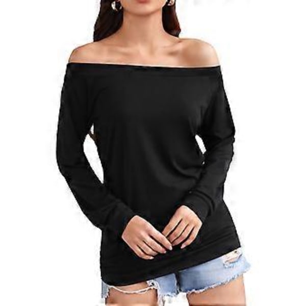 Naisten Olkapäät Paljaaksi Jättävä Pitkähihainen Paita Yksivärinen Pullover Joustava Naisten Löysä Paita Arkeen, Juhliin ja Työhön (S Musta) Black S