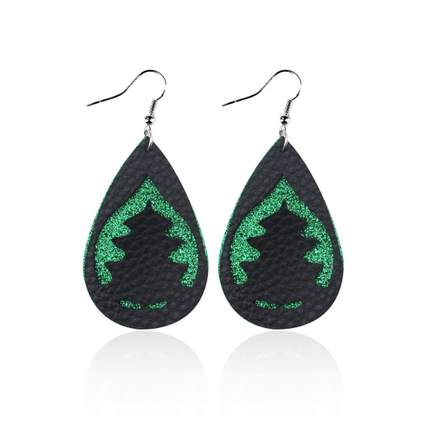 Christmas double drop leather earrings Christmas tree cut out fro