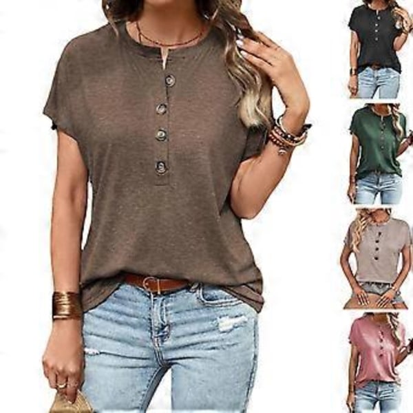 Casual T-shirts til kvinder med korte ærmer, rund hals, tunika toppe med knapper, ensfarvede sommer toppe, Henry skjorte Khaki M(KhakiM) Khaki M