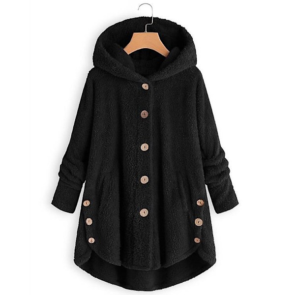 Dame Jakke Mode Knap Fluffy Uld Hætte Jakke Løs Vinter Varme Plus Størrelse（L Sort）