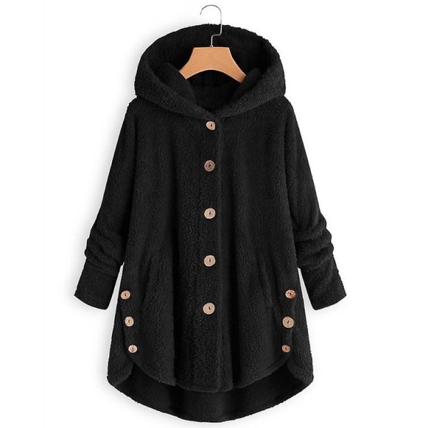 Women&#39;s Jacket Fashion Button Fluffy Wool Hooded Jacket Loose Winter Warmth Plus Size（2XL Black）