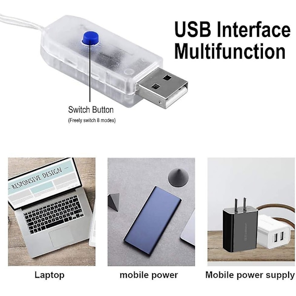 3m x 3m LED-lysgardin, 300 LED, USB, vanntett, 8 moduser, hvitt lys (varm hvit)