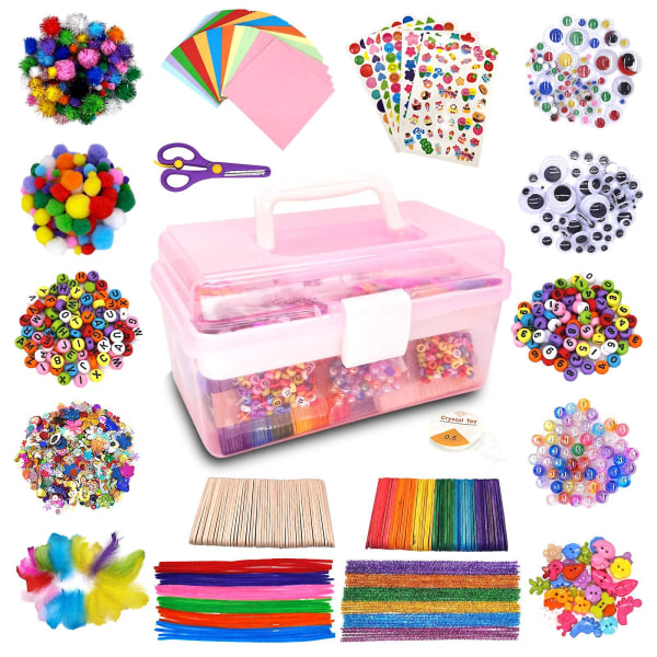1000+ st Kids Craft Box Kit Toddler och hantverk för barn inkluderar Pom Poms Pip Cleaners Feather Folding Box（rosa）