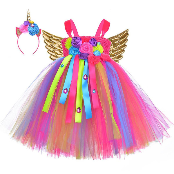 3pcs Sequin Little Child Pony Dress Unicorn Dress With Wings Headband（M(3-4Y)）