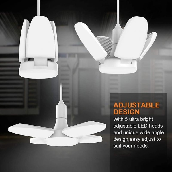 1 stk 38w LED garasjelys, sammenleggbar E27-pære, 4 justerbare vifteblader, deformerbar