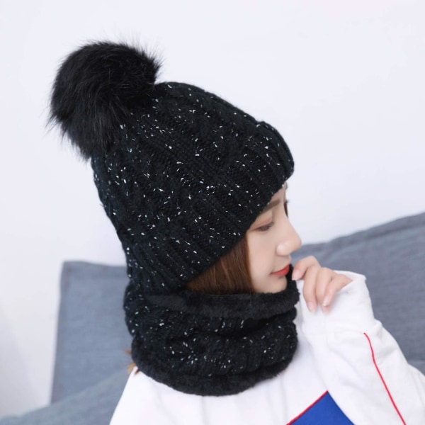 Dame Pom Beanie Hat Skjerf Sett Jenter Vinter Ski Hat Slouchy Strikket Lue Med Fleece Foret (Grå)