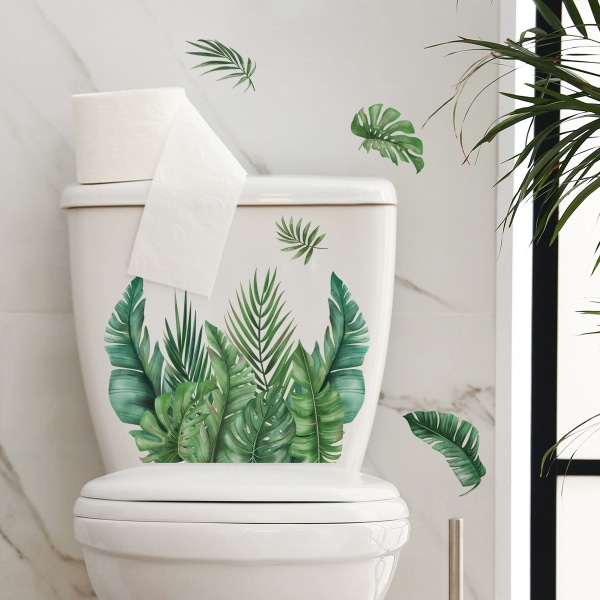 Grønne planteblade toilet vægklistermærker, badeværelsesdekoration væg