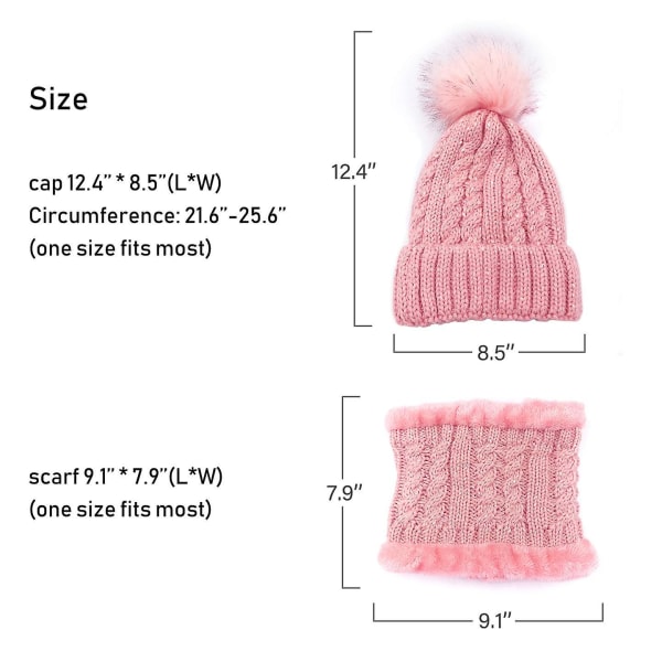 Dame Pompon Hue Hat Halstørklæde Sæt Piger Vinter Ski Hat Slouchy Strikhue Med Fleece Foret（Pink）