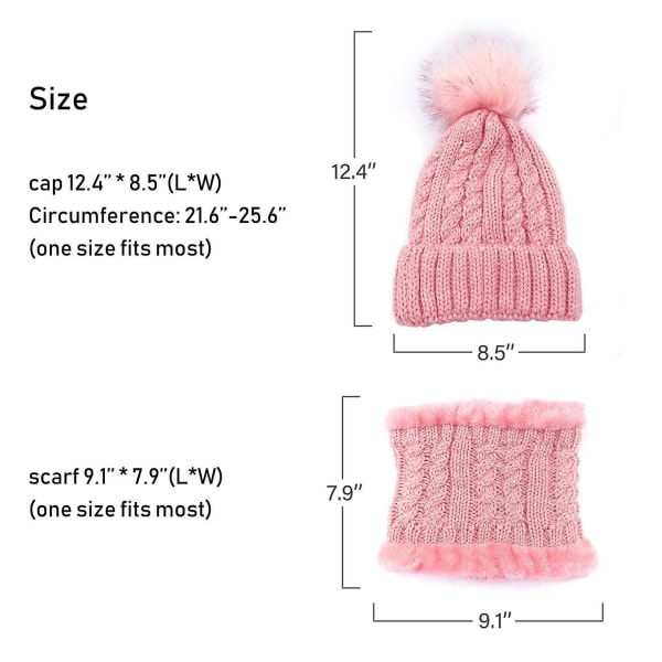 Pom mössa för damer Set för flickor Vinterskidhatt Slouchy Stickad Cap med Fleecefodrad (Rosa)