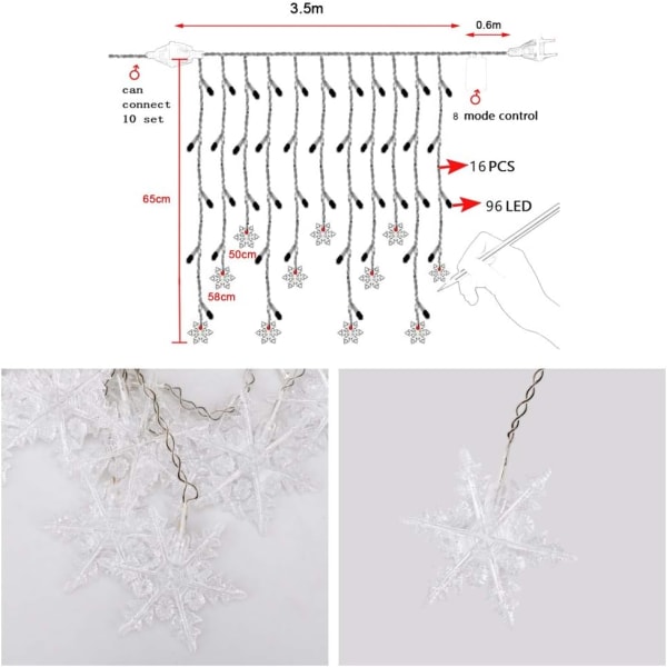 Snøfnugg gardinlys, 3,5M lyslenke 96 LED 8 lysmoduser