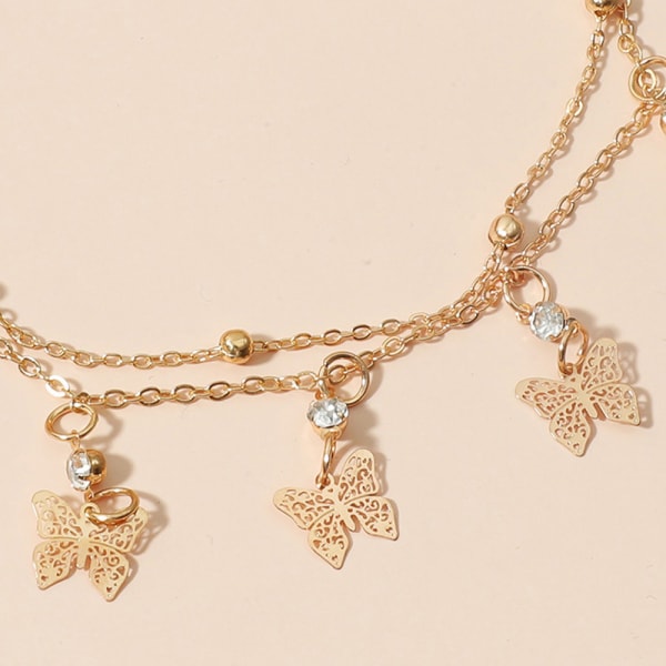 Boho Charm Söt Rhinestone Ihålig Fjäril Guld Anklet