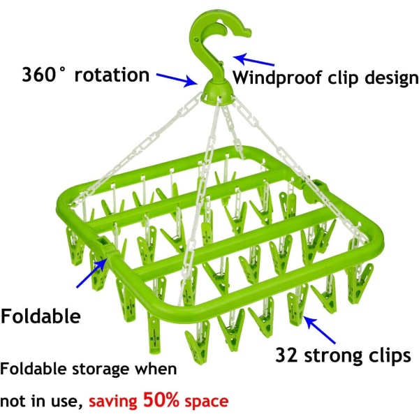 (Green) Clothes hanger with 32 clips, foldable clothespin rack