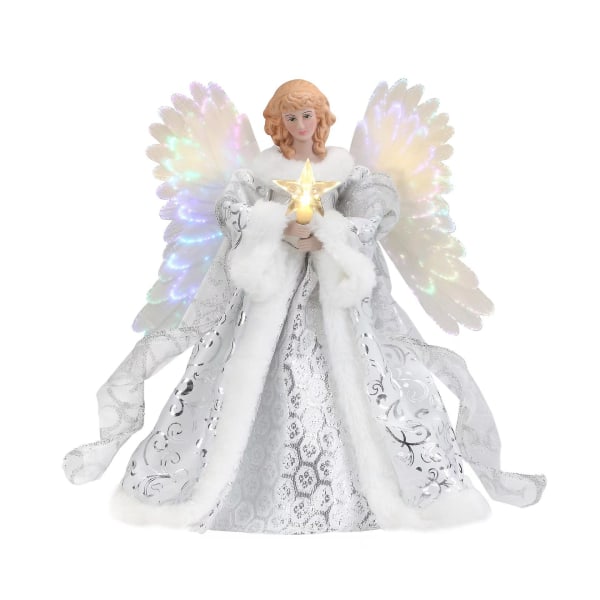 Julgranstopp ängelhänge med ljusslingor, vit ängel heminredning, harts platt ängladocka dekoration（Vit）