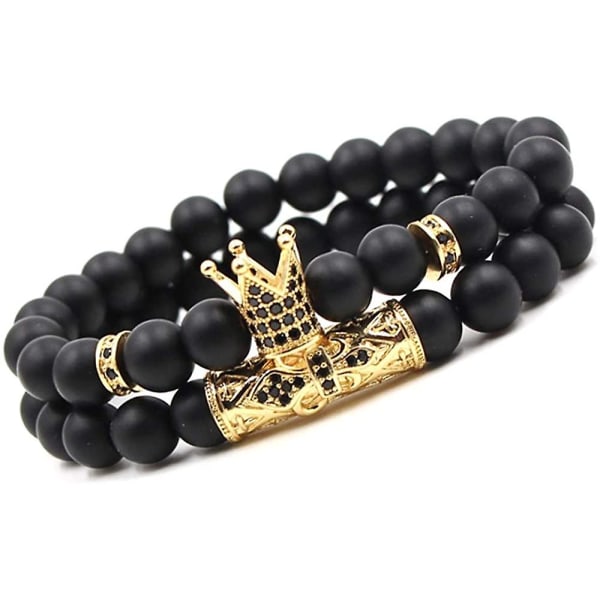 Svarta matta pärlor Armband 8 mm Onyx stenarmband Set Charm King Crown（Guld）