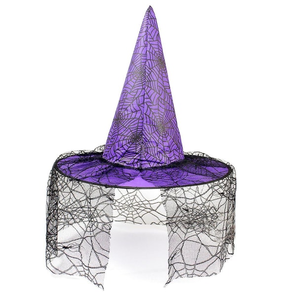 Halloween Witch Hat Gauze Witch Cap Wide-brimmed Wizard Cap Halloween Pointed Hat Sorcerer Costume Purple