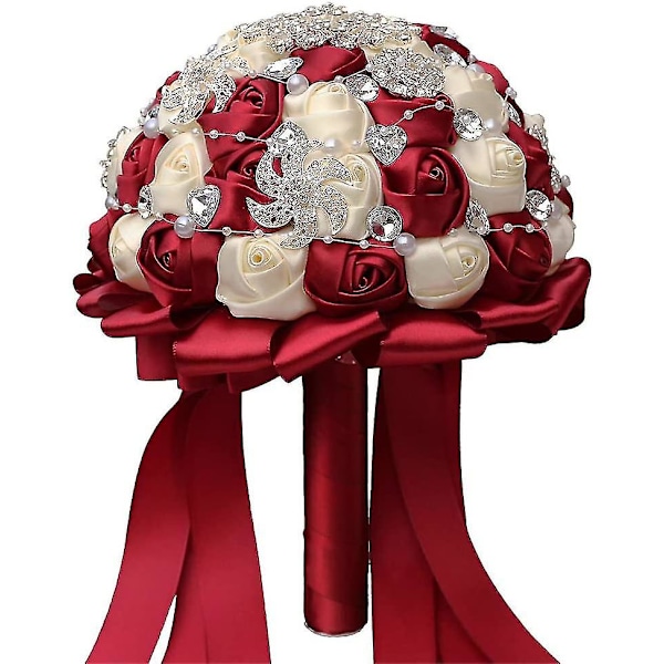 Håndlavet broche brudebuket brude satin roser blomster rhinsten perler buketter bryllupsbuket kunstig buket rose buket dekoration