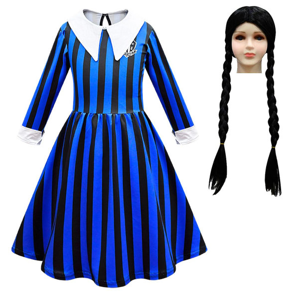 Onsdag Addams skolflickor Cosplay klänning set Halloween kostym (120 cm med väska och peruk)