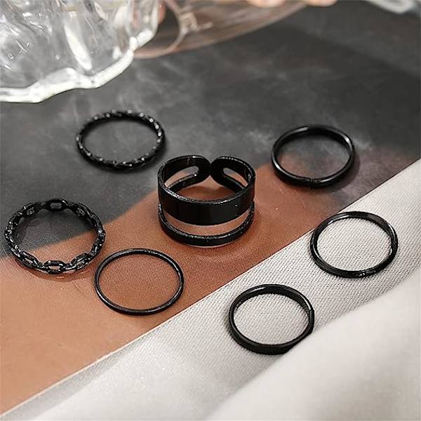 Sæt med sorte kno-ringe til kvinder - Piger slangekæde stablet ring V