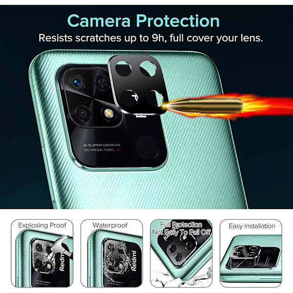 3 kpl Tempered Glass -näytönsuojaa Xiaomi Redmi 10c / Xiaomi Poco C40:lle, 3 kpl takakameran suojaa, 9H kovuus, anti