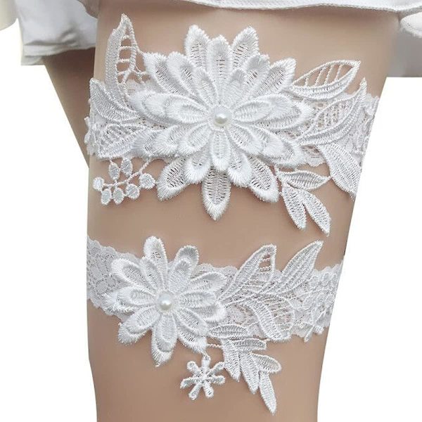 Bryllupsstrømper til brud Daisy Lace Bridal Strømpe Håndsyet Faux Perler Strømpe Sæt 2 Stykker, Hvid, One Size