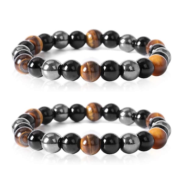 Pärlarmband Trippelskydd, 2-pack 8 mm Tigeröga Armband Hematit Pärlor & Svart Obsidian Balans Armband