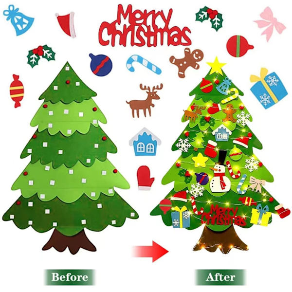 Filtjulgran för barnvägg, filtjulgran för småbarn med lampor + 41 dekorationer, DIY filtträd set julgransdekorationer, julklappar till småbarn