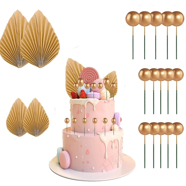 19PCS (Guld) Kage Dekorationer Sæt Ballon Kage Topper Papir Palme