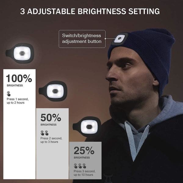 LED Beanie-lue med lys, strikket lue, hender fri, 4 LED-hodelykter, vinterstrikket nattlyslue, unisex