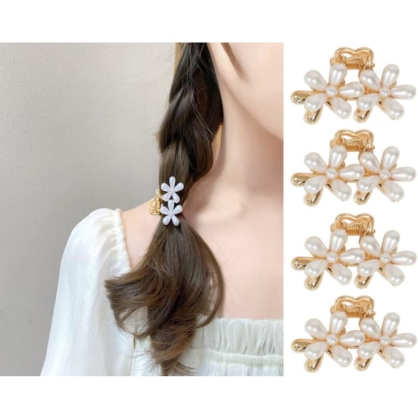 4pcs Pearl Hair Clips with Double Flower Design, Metal Hairpins f