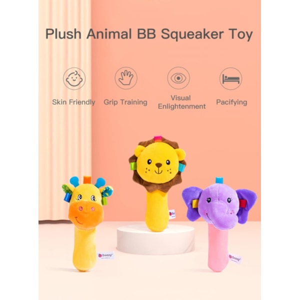 Baby Cartoon Hand Rattles Squeaky Sticks, Gosedjur Leksak för 0 3 6 9 Månader, Mjukt Fylld Shaker Rattles för Småbarn Flickor och Pojkar (Lejon)
