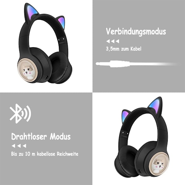 Kattöron-hörlurar för barn (trådlös Bluetooth, färgade lysdioder, B
