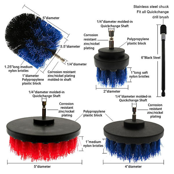 4 st borstborstar Power Scrubber Rengöringsborste Förlängd lång fästsats All Purpose Drill Scrub Brushes Kits（Vit）