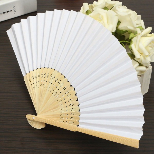 10pcs White Folding Plain Bamboo Paper Hand Fan Kids Diy Crafts 21cm