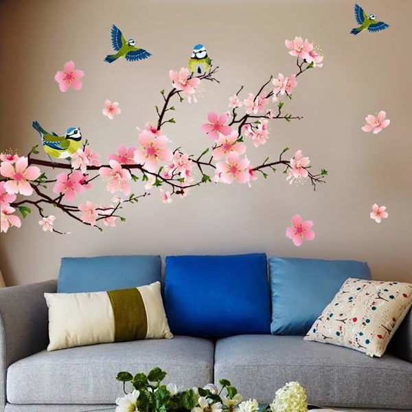 Persikankukat ja linnut seinätarrat (250x150 cm) I itseliimautuva w