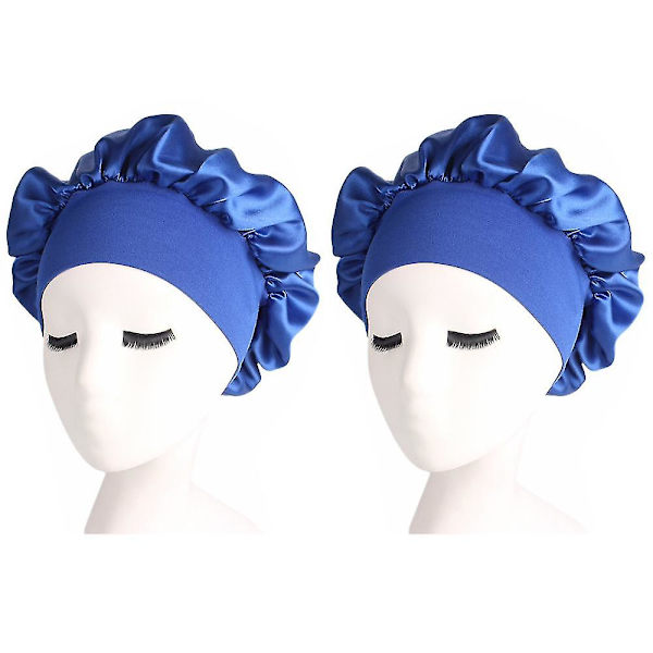 2-pack Satin Sovhatt för Kvinnor, Solid Färg, Nattmössa, Hårsjukvård, Nattmössa (Blå)